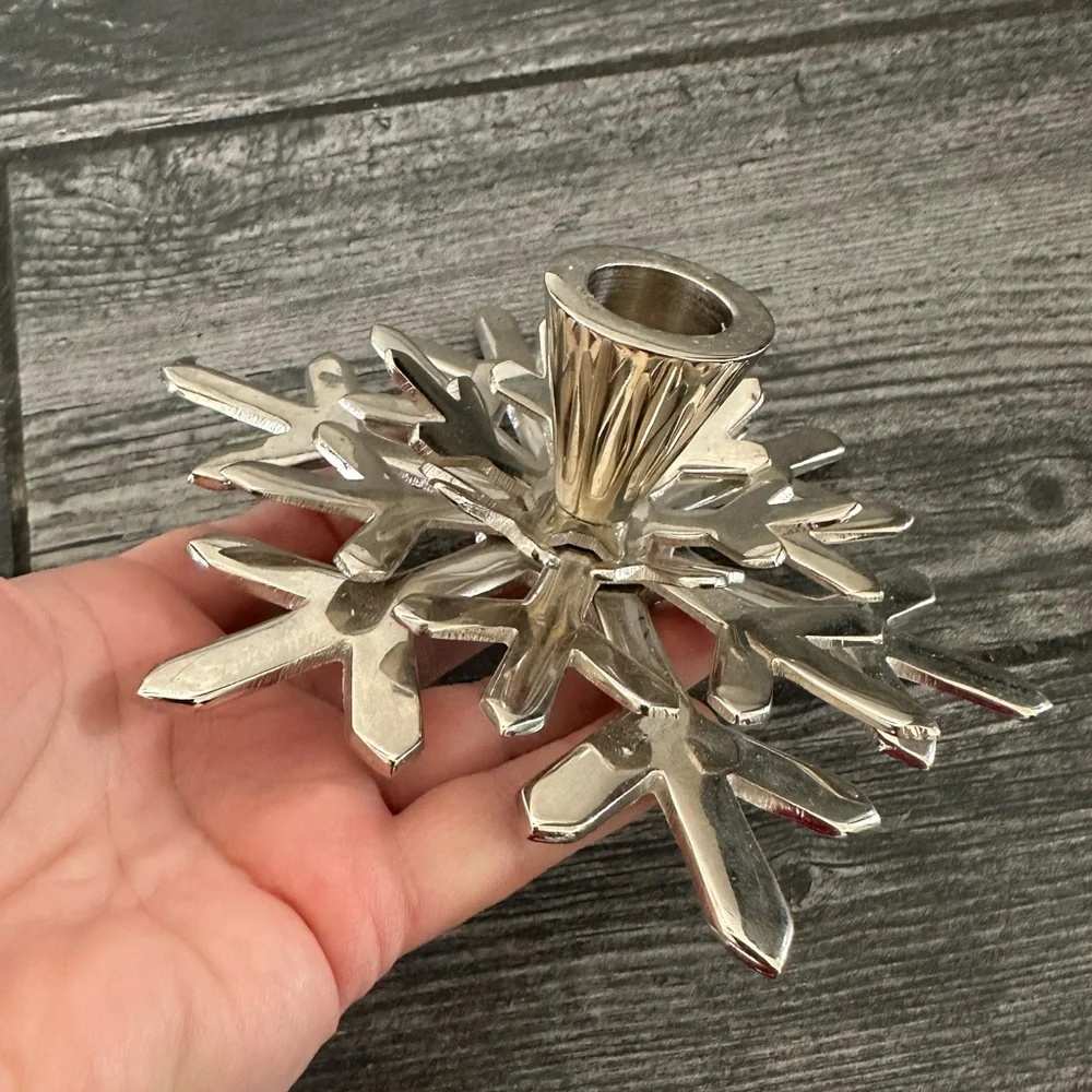Crate & Barrel Pair of Shiny Snowflake Taper Holders